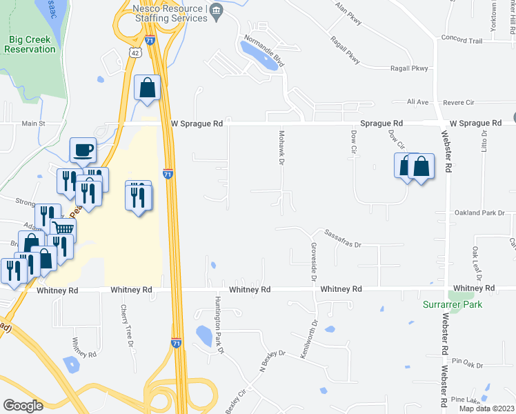 map of restaurants, bars, coffee shops, grocery stores, and more near 8220 Mohawk Drive in Strongsville