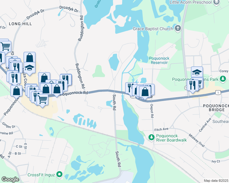 map of restaurants, bars, coffee shops, grocery stores, and more near Poquonnock Road & South Road in Groton