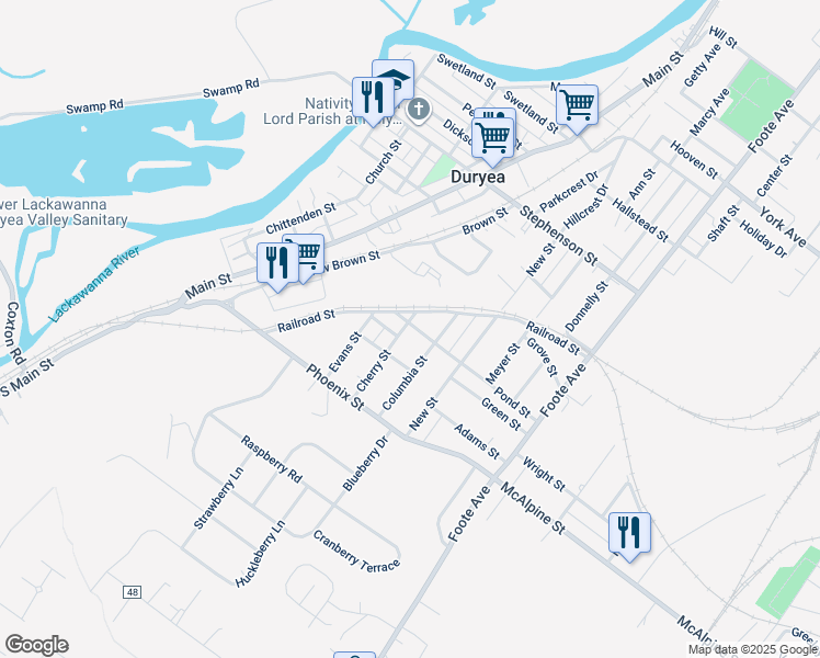 map of restaurants, bars, coffee shops, grocery stores, and more near 210 Cherry Street in Duryea