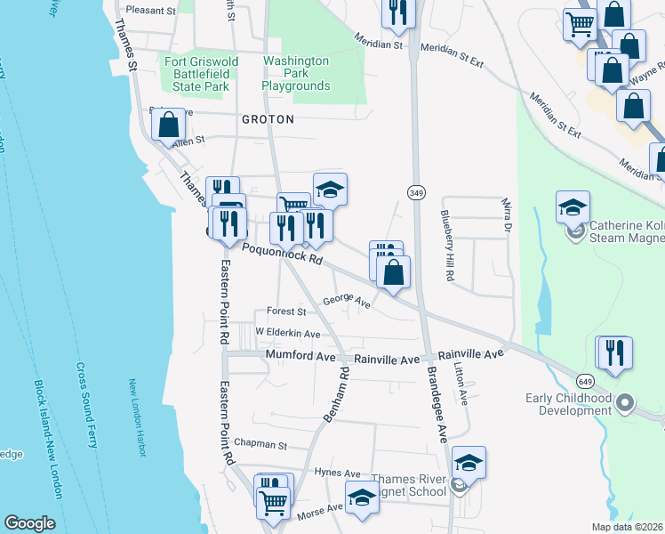 map of restaurants, bars, coffee shops, grocery stores, and more near Poquonnock Road & High Street in Groton