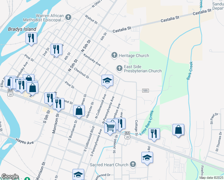 map of restaurants, bars, coffee shops, grocery stores, and more near 1110 Chestnut Street in Fremont