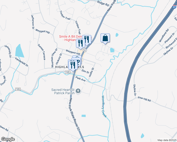 map of restaurants, bars, coffee shops, grocery stores, and more near 9 Tracie Lane in Woodbury