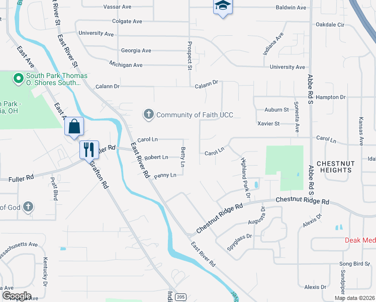 map of restaurants, bars, coffee shops, grocery stores, and more near 9803 Betty Lane in Elyria