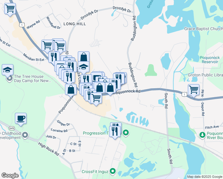 map of restaurants, bars, coffee shops, grocery stores, and more near 36 Laurelwood Road in Groton