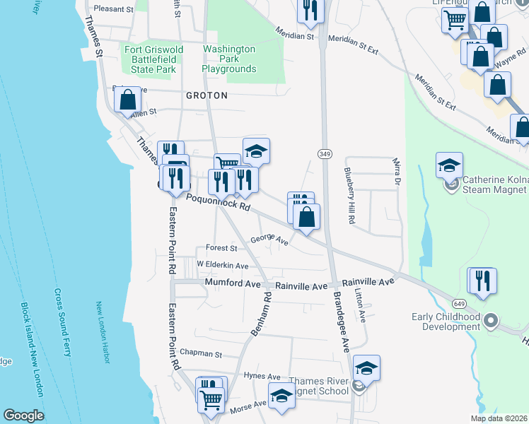 map of restaurants, bars, coffee shops, grocery stores, and more near 140 Poquonnock Road in Groton