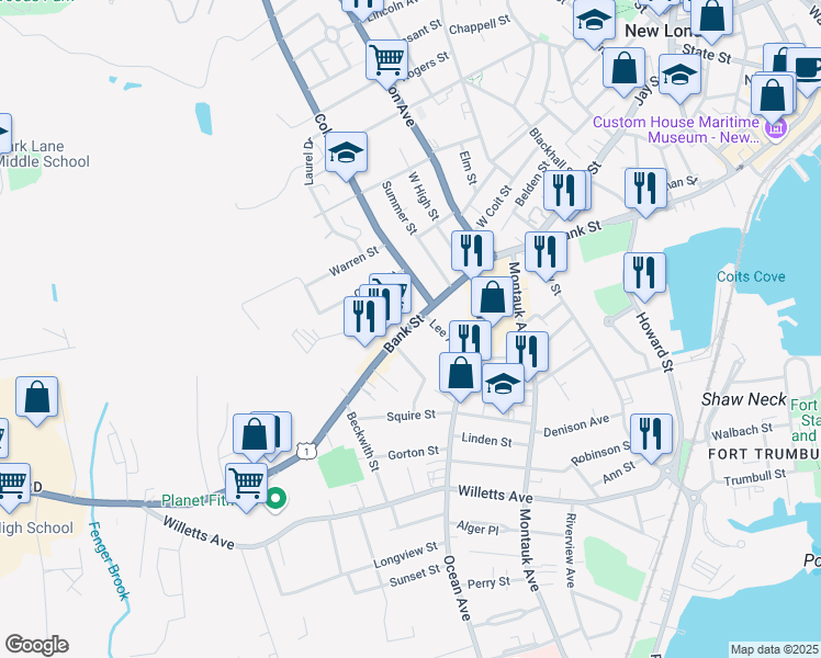 map of restaurants, bars, coffee shops, grocery stores, and more near 883 Bank Street in New London