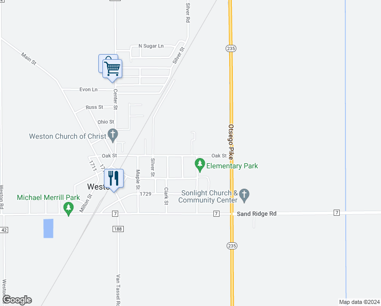 map of restaurants, bars, coffee shops, grocery stores, and more near 20240 Oak Street in Weston