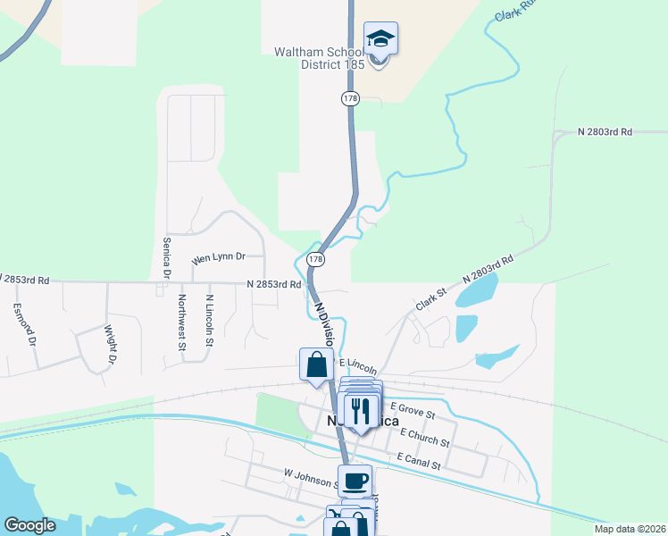 map of restaurants, bars, coffee shops, grocery stores, and more near 2858 Illinois 178 in North Utica
