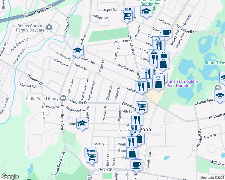map of restaurants, bars, coffee shops, grocery stores, and more near 70 Glemby Street in Hamden