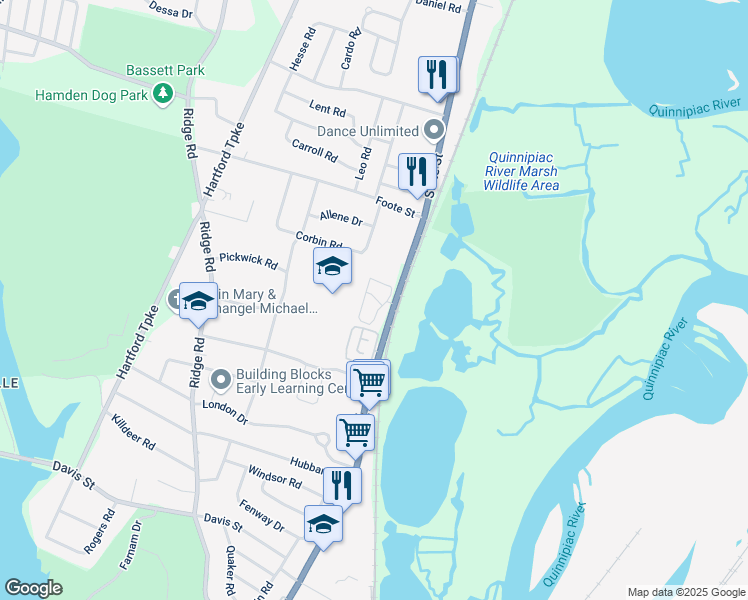 map of restaurants, bars, coffee shops, grocery stores, and more near 2390 State Street in Hamden