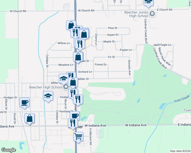 map of restaurants, bars, coffee shops, grocery stores, and more near 352 Orchard Lane in Beecher