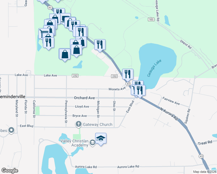 map of restaurants, bars, coffee shops, grocery stores, and more near 964 Moneta Avenue in Aurora