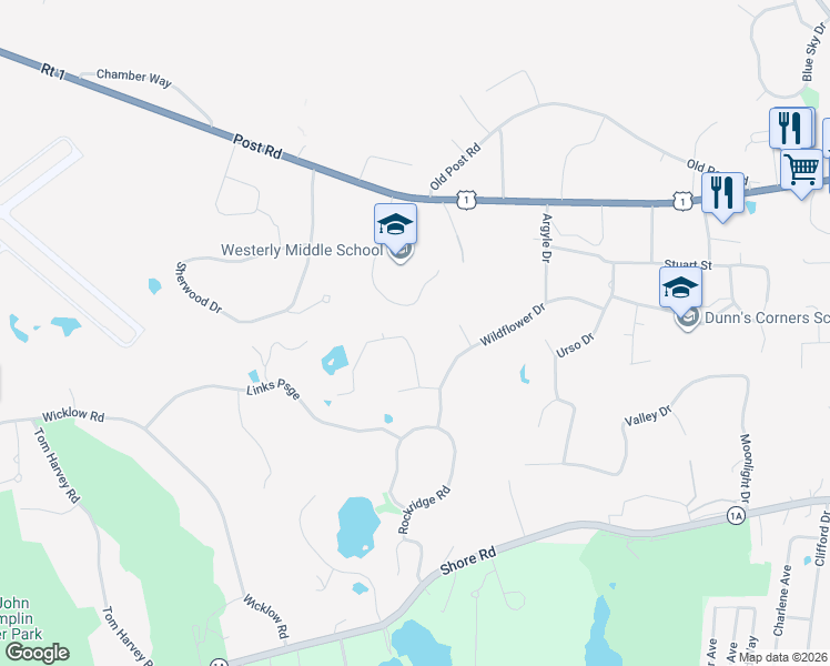 map of restaurants, bars, coffee shops, grocery stores, and more near 9 Canyon Drive in Westerly