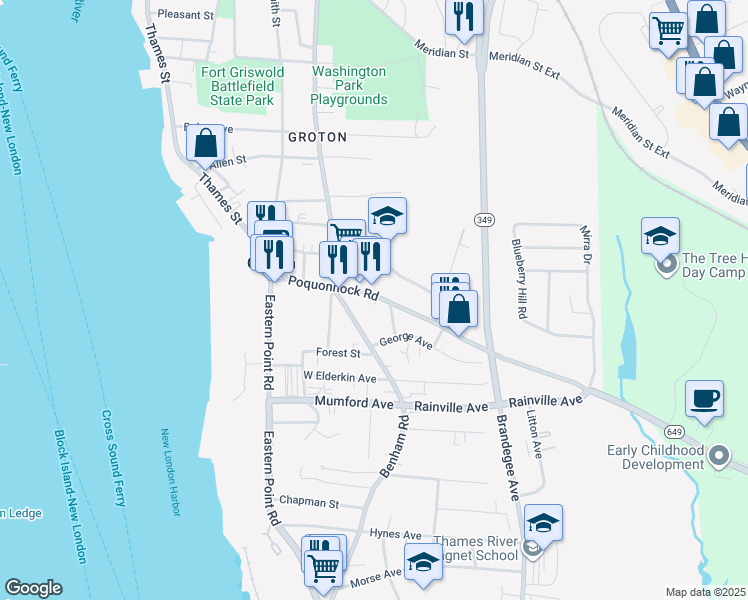 map of restaurants, bars, coffee shops, grocery stores, and more near 129 Poquonnock Road in Groton