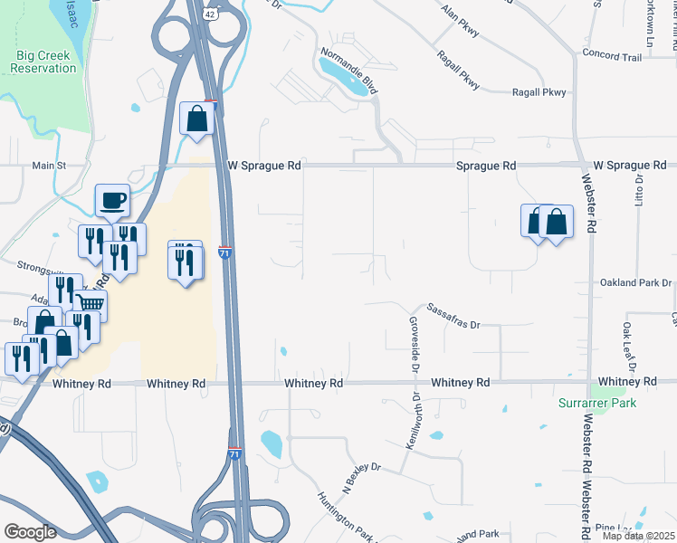 map of restaurants, bars, coffee shops, grocery stores, and more near 8220 Mohawk Drive in Strongsville