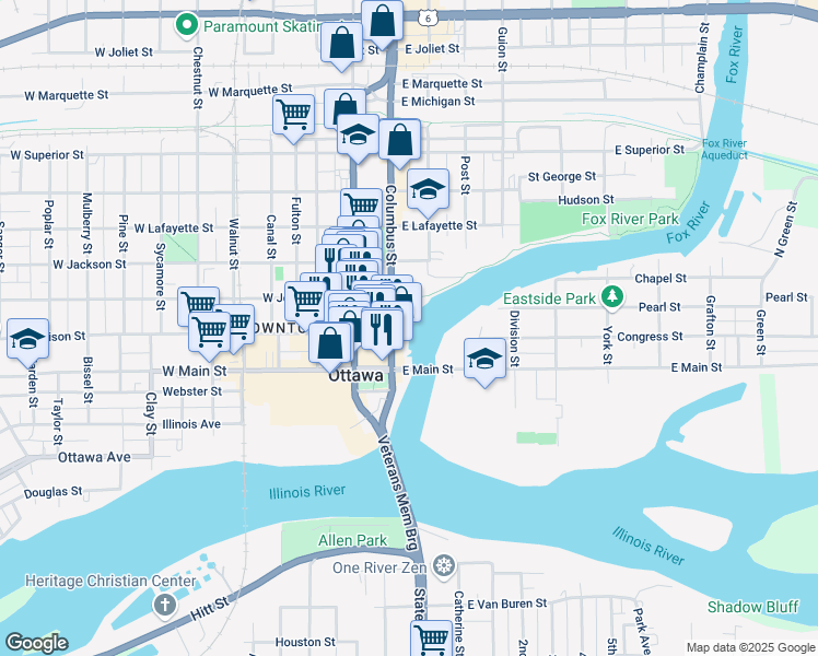 map of restaurants, bars, coffee shops, grocery stores, and more near 111-113 East Jefferson Street in Ottawa