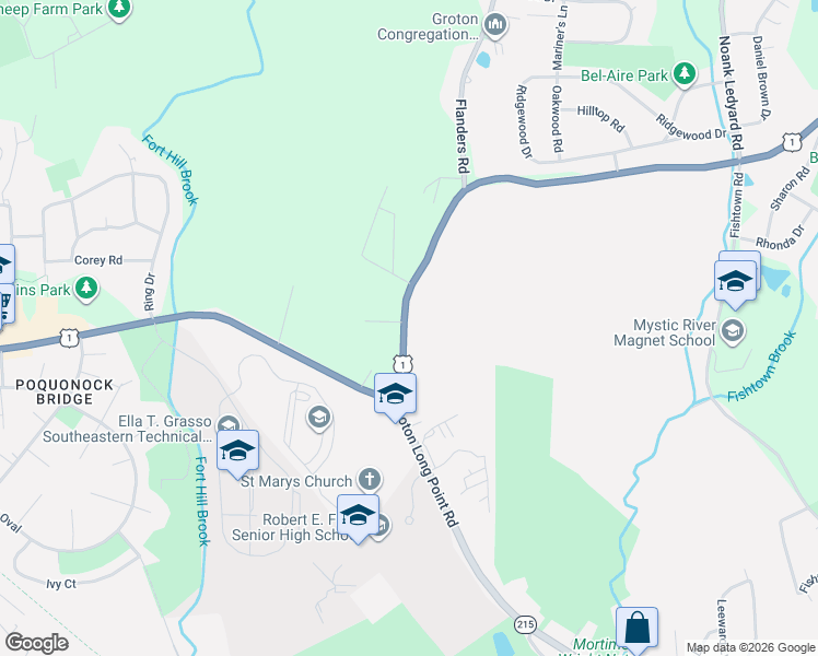 map of restaurants, bars, coffee shops, grocery stores, and more near 109 New London Road in Groton