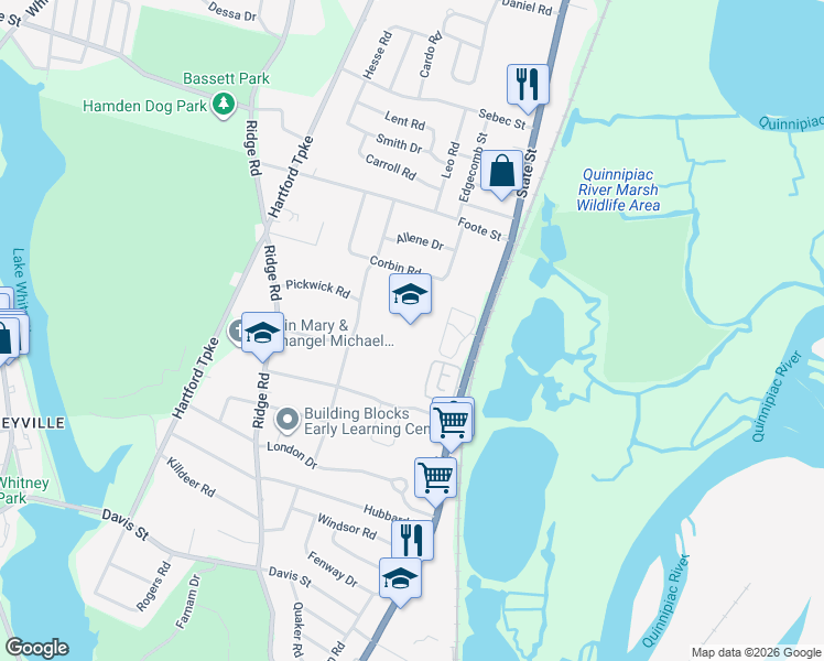 map of restaurants, bars, coffee shops, grocery stores, and more near 120 Carew Road in Hamden