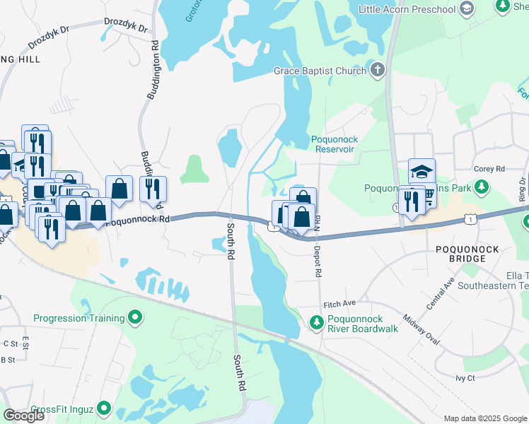 map of restaurants, bars, coffee shops, grocery stores, and more near 2 Fort Hill Road in Groton