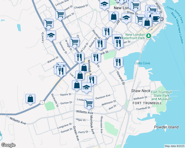 map of restaurants, bars, coffee shops, grocery stores, and more near 50 Montauk Avenue in New London