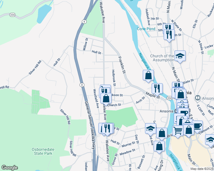 map of restaurants, bars, coffee shops, grocery stores, and more near 230 Wakelee Avenue in Ansonia