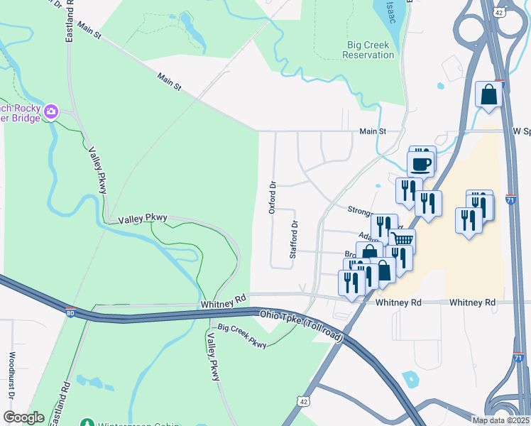 map of restaurants, bars, coffee shops, grocery stores, and more near 8380 Oxford Drive in Strongsville