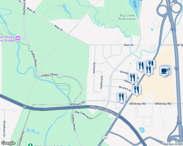 map of restaurants, bars, coffee shops, grocery stores, and more near 8380 Oxford Drive in Strongsville