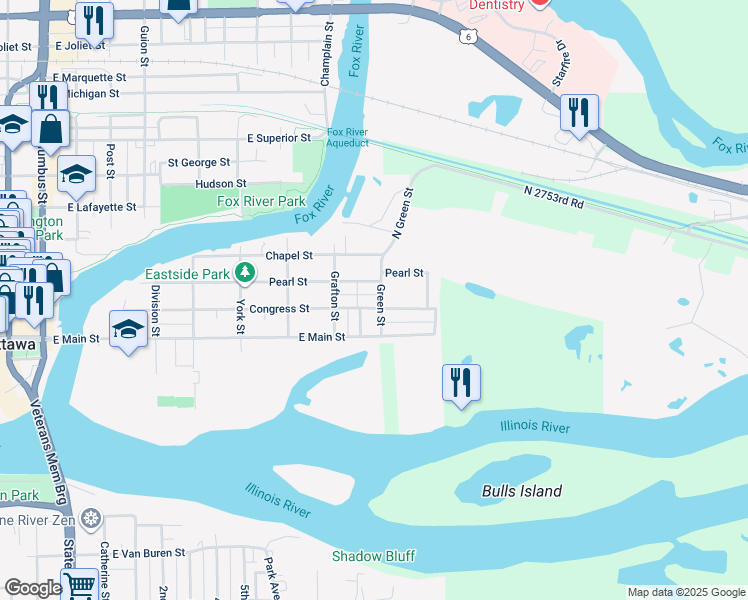 map of restaurants, bars, coffee shops, grocery stores, and more near 833 Pearl Street in Ottawa