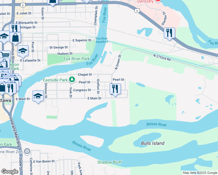 map of restaurants, bars, coffee shops, grocery stores, and more near 833 Pearl Street in Ottawa