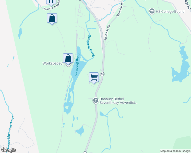 map of restaurants, bars, coffee shops, grocery stores, and more near 39 Turkey Plain Road in Bethel