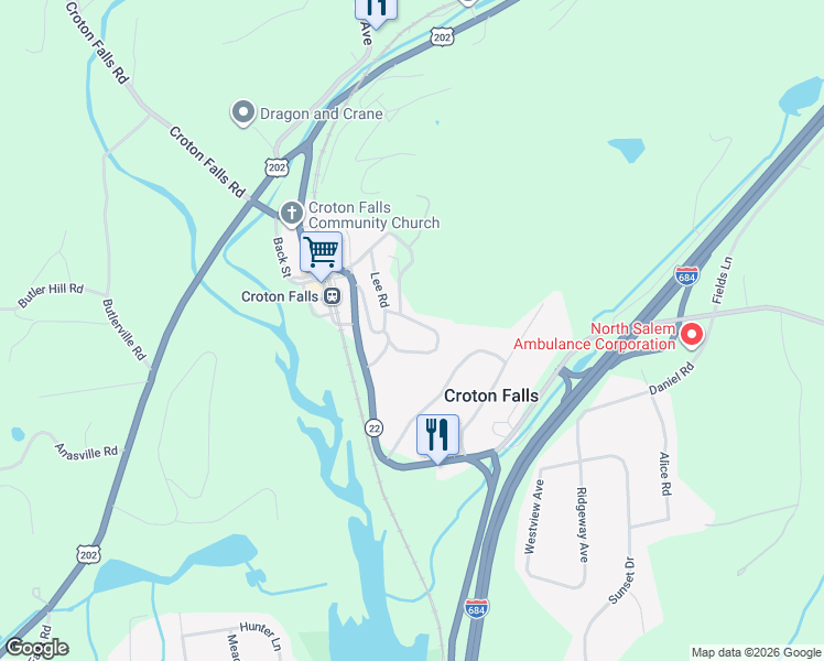 map of restaurants, bars, coffee shops, grocery stores, and more near 2 Harvey Road in North Salem
