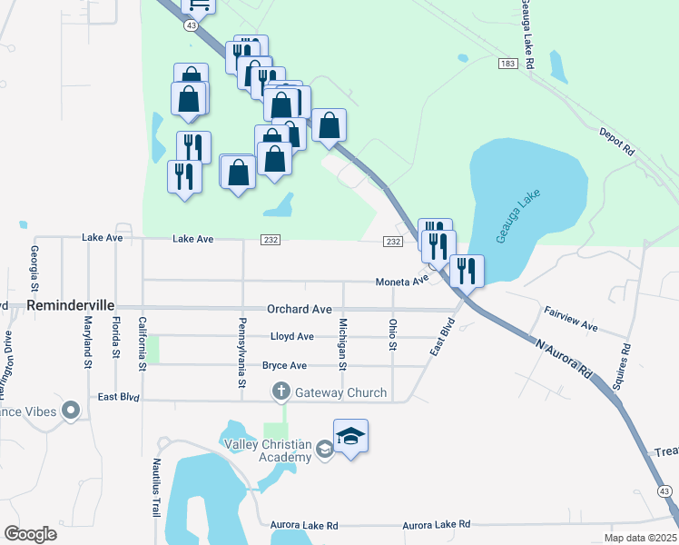 map of restaurants, bars, coffee shops, grocery stores, and more near 1014 Moneta Avenue in Aurora