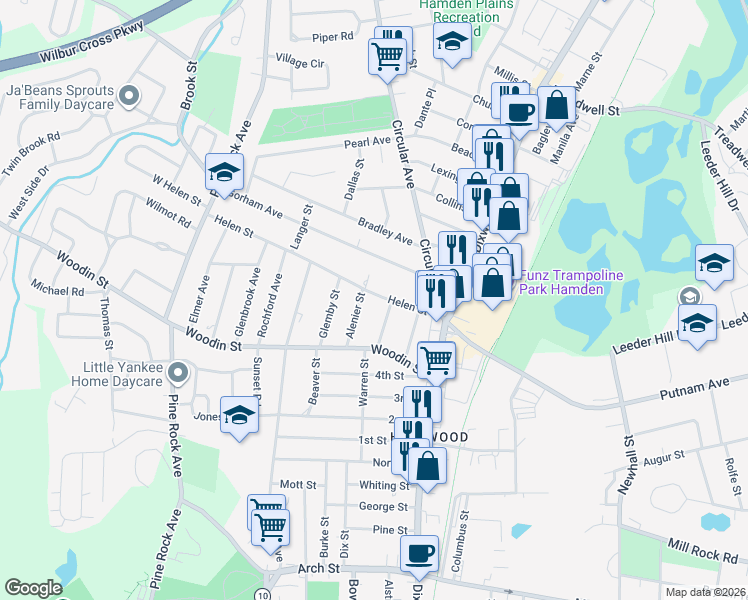 map of restaurants, bars, coffee shops, grocery stores, and more near 82 Helen Street in Hamden