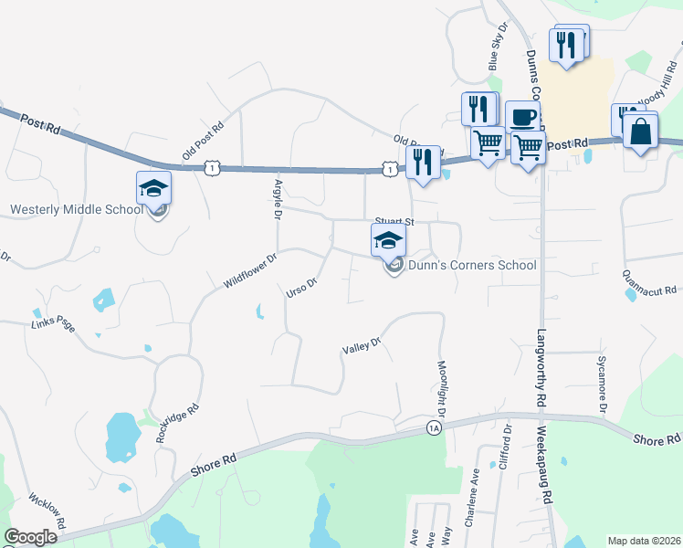 map of restaurants, bars, coffee shops, grocery stores, and more near 1 Plateau Road in Westerly
