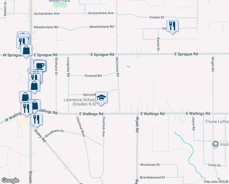 map of restaurants, bars, coffee shops, grocery stores, and more near 1417 Sprucedale Road in Broadview Heights