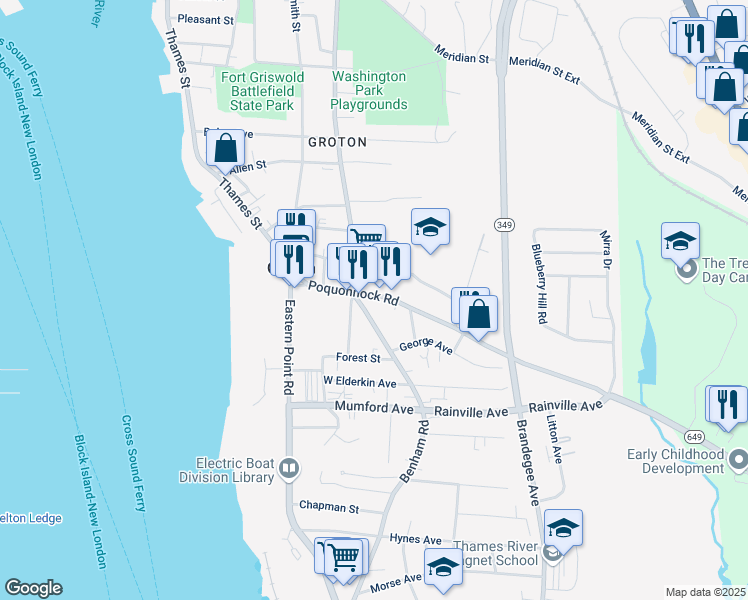 map of restaurants, bars, coffee shops, grocery stores, and more near 106 Poquonnock Road in Groton