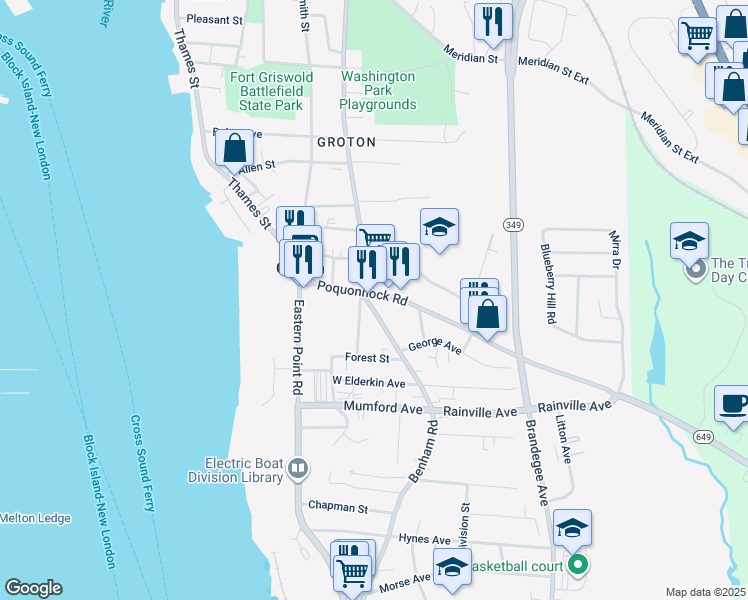 map of restaurants, bars, coffee shops, grocery stores, and more near 106 Poquonnock Road in Groton
