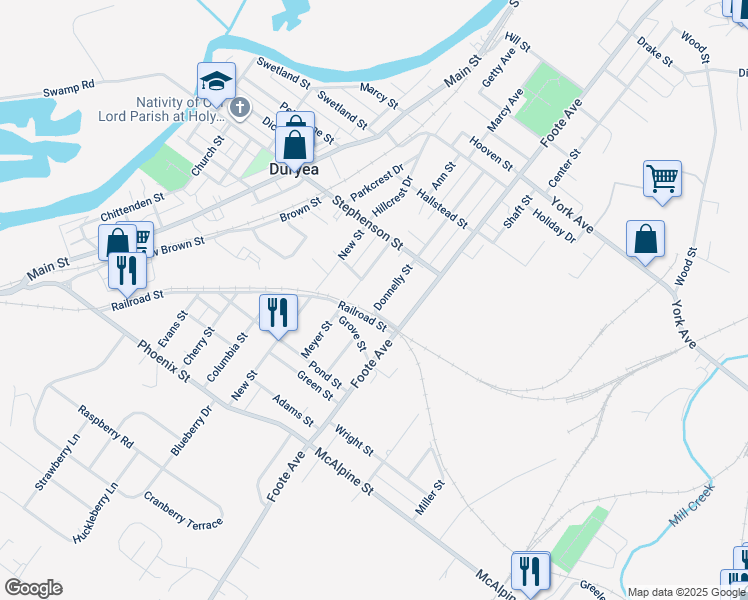 map of restaurants, bars, coffee shops, grocery stores, and more near 515 Donnelly Street in Duryea