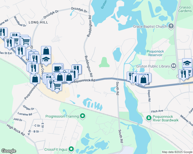 map of restaurants, bars, coffee shops, grocery stores, and more near 1154 Poquonnock Road in Groton