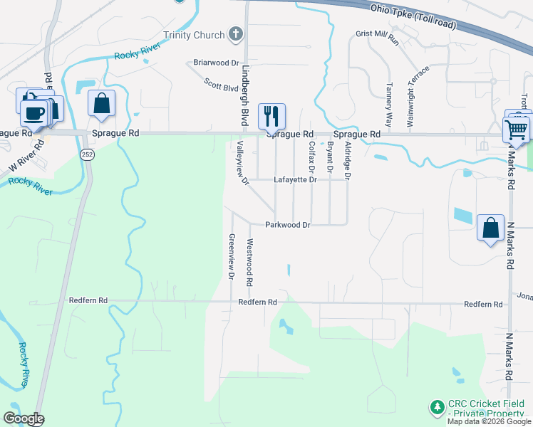 map of restaurants, bars, coffee shops, grocery stores, and more near 10116 Valleyview Drive in Columbia Station