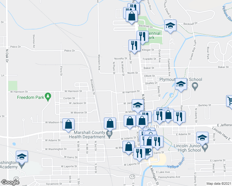 map of restaurants, bars, coffee shops, grocery stores, and more near 915 North Plum Street in Plymouth