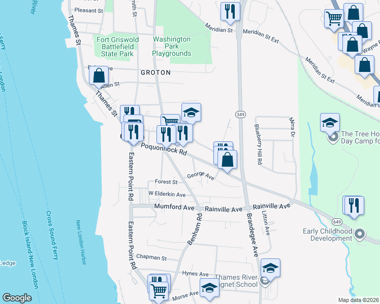 map of restaurants, bars, coffee shops, grocery stores, and more near 140 Poquonnock Road in Groton