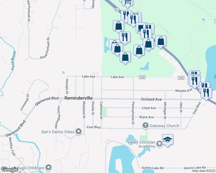 map of restaurants, bars, coffee shops, grocery stores, and more near 1225 Lake Avenue in Aurora