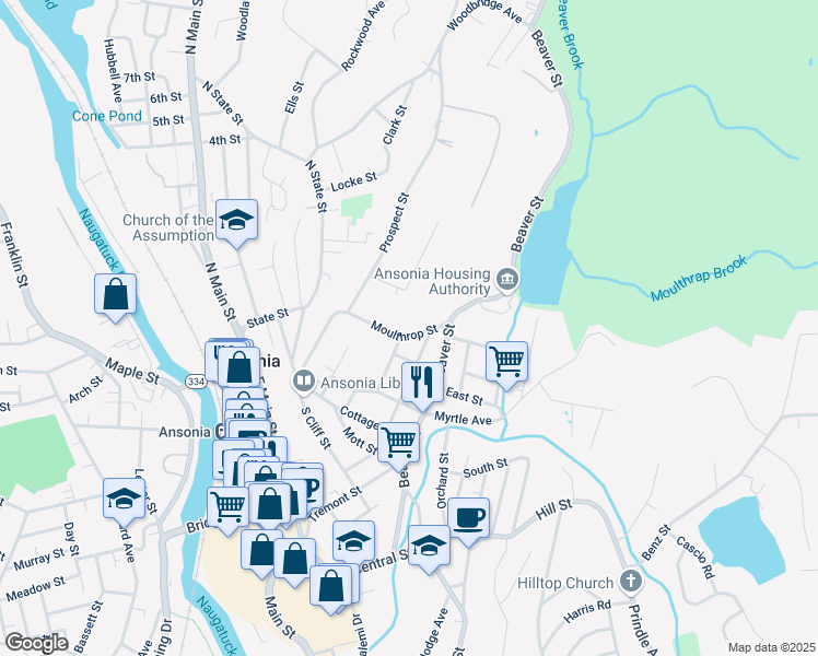 map of restaurants, bars, coffee shops, grocery stores, and more near 55 Moulthrop Street in Ansonia
