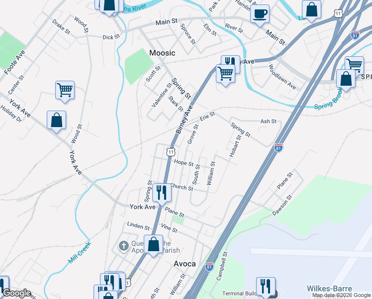 map of restaurants, bars, coffee shops, grocery stores, and more near 1401 Grove Street in Avoca