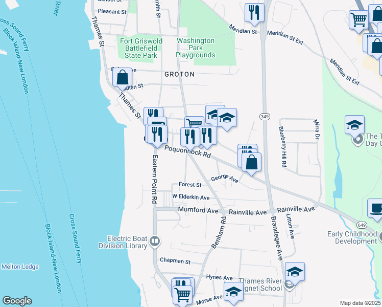 map of restaurants, bars, coffee shops, grocery stores, and more near 106 Poquonnock Road in Groton
