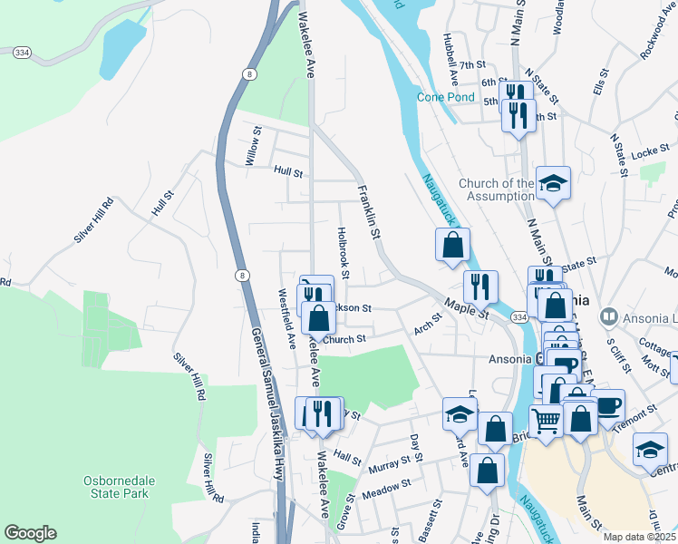map of restaurants, bars, coffee shops, grocery stores, and more near 30 Holbrook Street in Ansonia