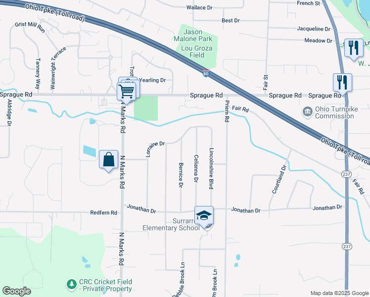 map of restaurants, bars, coffee shops, grocery stores, and more near 8309 Bernice Drive in Strongsville