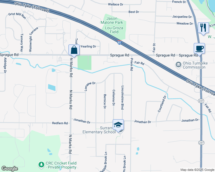 map of restaurants, bars, coffee shops, grocery stores, and more near 8309 Bernice Drive in Strongsville