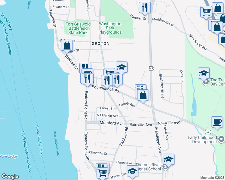 map of restaurants, bars, coffee shops, grocery stores, and more near 106 Poquonnock Road in Groton